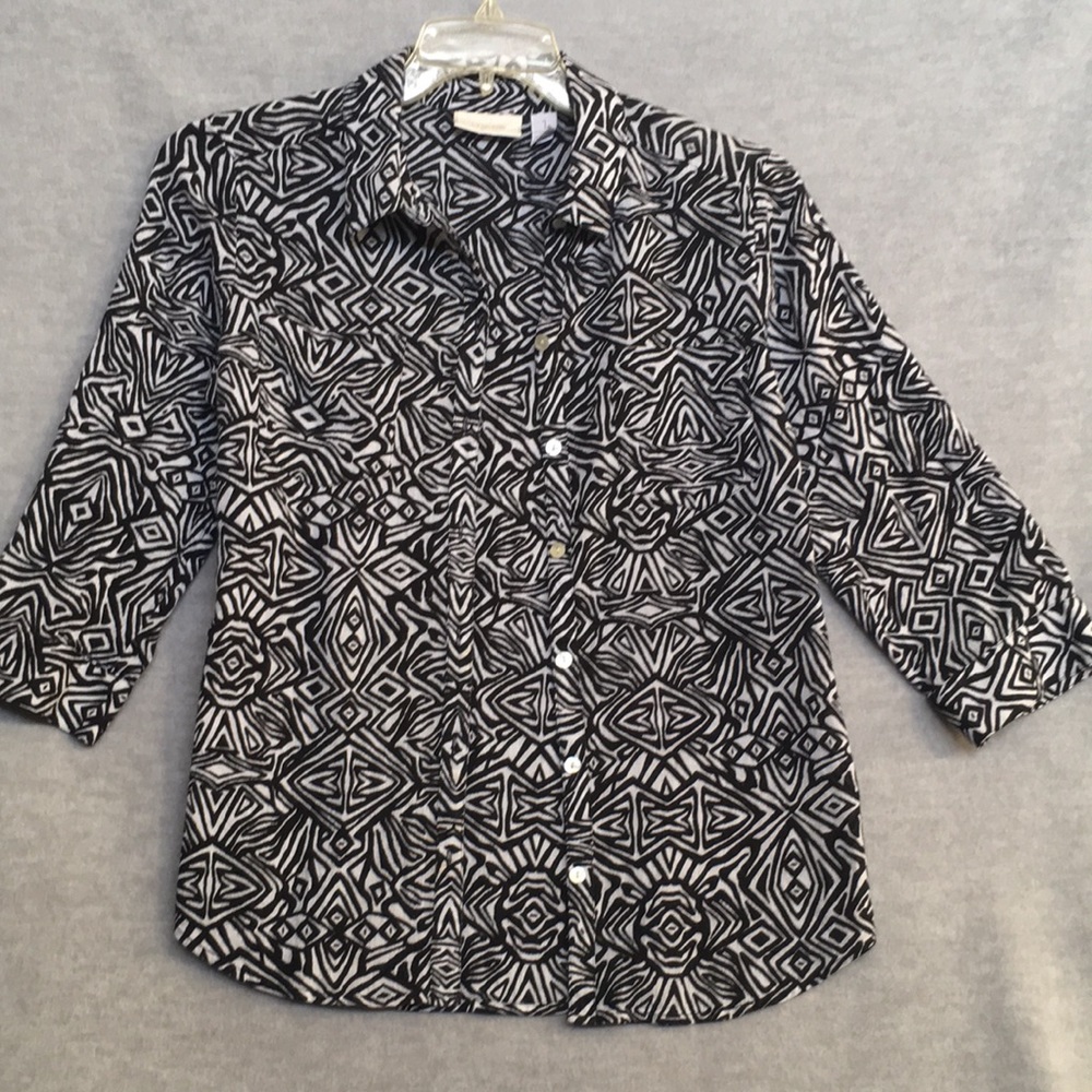 Chico’s Cool Cotton Tribal Print Button Up 3/4 Button Sleeve Shacket Size Medium